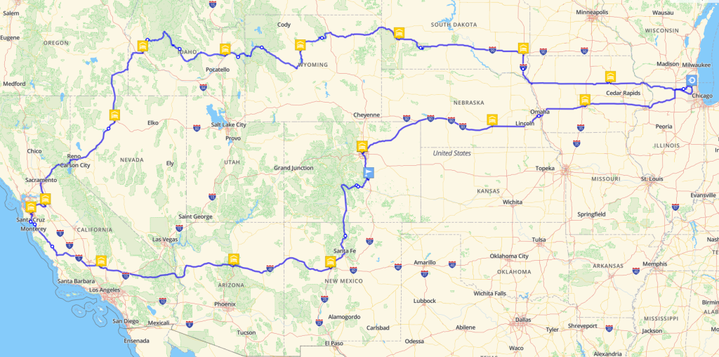 A map of the western United States showing Duncan's planned route.